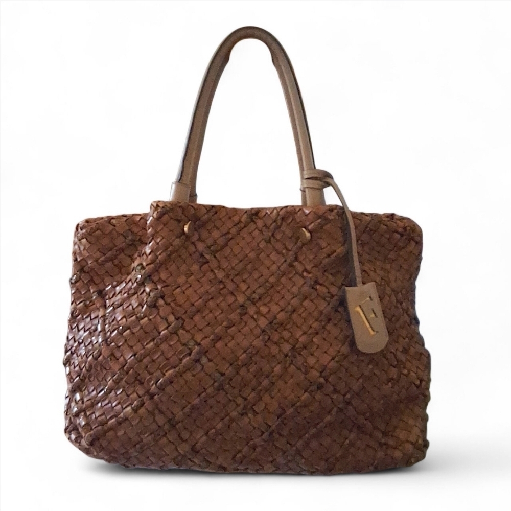 Furla Woven Leather Tote Bag Made in Italy | Cognac Brown Vintage